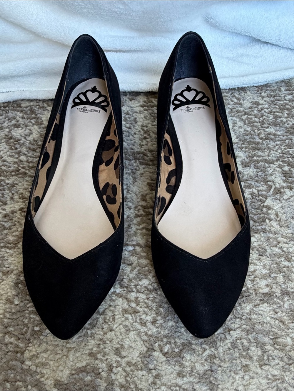 Fergalicious Black Pointed-Toe Leopard-Trim Wedges